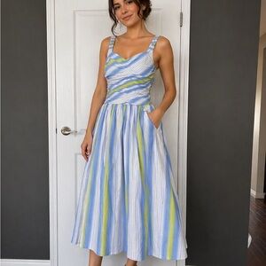 Anthropologie Blue, Lemon & White Striped Midi Dress